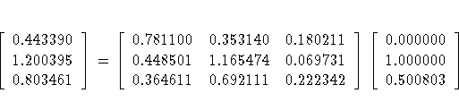 [0.443390 \ 1.200395 \ 0.803461
 ]
 = [0.781100 & 0.353140 & 0.180211 \ 0.448501...
 ...0.069731 \ 0.364611 & 0.692111 & 0.222342
 ]
 [0.000000 \ 1.000000 \ 0.500803
 ]