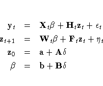 y_t & = & X_t \beta + H_t z_t + \epsilon_t \z_{t+1} & = & W_t \beta + F_t z_t + \eta_t \z_0 & = & a+ A\delta \\beta & = & b+ B\delta 