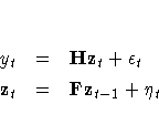 y_t & = & H{z}_t + \epsilon_t \z_t & = & F{z}_{t-1} + \eta_t