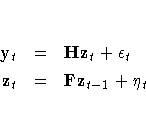 y_t & = & H{z}_t + \epsilon_t \z_t & = & F{z}_{t-1} + \eta_t