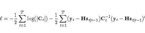 \ell = -\frac{1}2 \sum_{t=1}^T \log(|{C}_t|) -
\frac{1}2 \sum_{t=1}^T (y_t - H{z}_{t| t-1})
C^{-1}_t (y_t - H{z}_{t| t-1})^'
