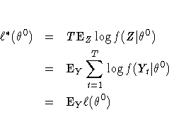 \ell^*(\theta^0) & = & T{\rm E}_Z \log f(Z|\theta^0) \ & = & {\rm E}_Y \sum_{t=1}^T \log f(Y_t|\theta^0) \ & = & {\rm E}_Y \ell(\theta^0)