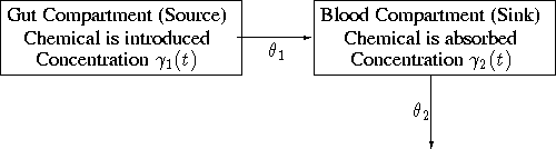 \begin{picture}
(200,100)
\put(30,50){\shortstack{Gut Compartment (Source)\Chemi...
...5){\vector(0,-1){40}}
\put(172,55){\theta_1}
\put(250,22){\theta_2}\end{picture}