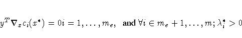y^T \nabla_x c_i(x^*) = 0 i = 1, ... ,m_e ,\; { and }
\forall i\in {m_e+1, ... ,m}; \lambda_i^* \gt 0