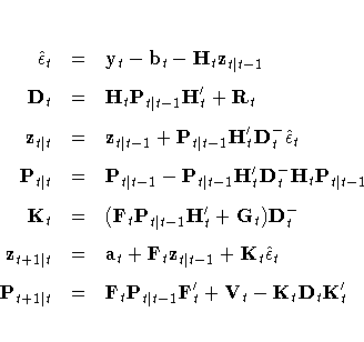 \hat{\epsilon}_t & = & y_t - b_t - H_t z_{t| t-1} \ 
D_t & = & H_t P_{t| t-1} H^...
 ...hat{\epsilon}_t \ 
P_{t+1| t} & = & F_t P_{t| t-1}F^'_t + V_t - 
 K_t D_t K^'_t 