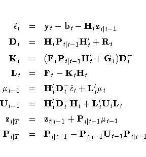 \hat{\epsilon}_t & = & y_t - b_t - H_t z_{t| t-1} \ 
D_t & = & H_t P_{t| t-1} H^...
 ... t-1} {\mu}_{t-1} \ 
P_{t| T} & = & P_{t| t-1} - P_{t| t-1} U_{t-1} 
 P_{t| t-1}