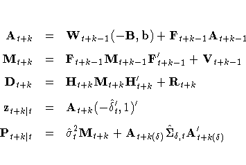 A_{t+k} & = & W_{t+k-1}(-B,b) + F_{t+k-1} A_{t+k-1} 
 \ 
M_{t+k} & = & F_{t+k-1}...
 ...igma}^2_t M_{t+k} + A_{t+k(\delta)}
 \hat{\Sigma}_{\delta,t} 
 A^'_{t+k(\delta)}