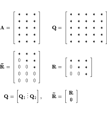 A= [ * & * & * \ {}* & * & * \ {}* & * & * \ {}* & * & * \ {}* & * & * 
 ] & & 
...
 ... & * \ 0 & 0 & * 
 ] \ 
Q= [ Q_1  \vdots  Q_2 ], & & 
\widetilde{R} = [ R\ 0 
 ]