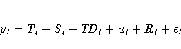 y_t = T_t + S_t + T\!D_t + u_t + R_t + \epsilon_t