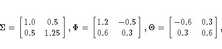 \Sigma=[\matrix{1.0 & 0.5 \cr
 0.5 & 1.25\cr
 }],
\Phi=[\matrix{1.2 & -0.5 \cr
 0.6 & 0.3 \cr
 }],
\Theta=[\matrix{-0.6 & 0.3 \cr
 0.3 & 0.6 \cr
 }],