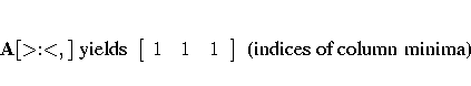 A[\gt:\lt,] { yields }
[ 1 & 1 & 1 \ ]
{ (indices of column minima)}