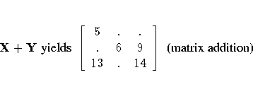 X +Y { yields }
[ 5 & . & . \ . & 6 & 9 \ 13 & . & 14 \ ]
{ (matrix addition)}