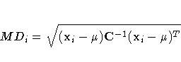 MD_i = \sqrt{(x_i - \mu) C^{-1}(x_i - \mu)^T} 