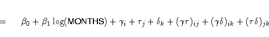= \hspace*{.2in}{ {\beta}_{0} + {\beta}_{1} \log({MONTHS})
+ {\gamma}_{i}
+ {\...
...k}
+ ({\gamma}{\tau})_{ij}
+ ({\gamma}{\delta})_{ik}
+ ({\tau}{\delta})_{jk}}