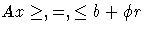 Ax \geq, =, \leq b+\phi r