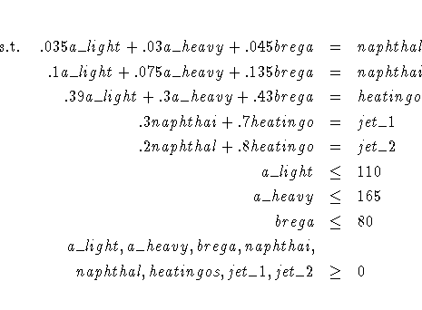 {\rm s.t.\;\;\;\;} .035 a\_light + .03 a\_heavy + .045 brega &=& naphthal\
.1...
...ght, a\_heavy, brega, naphthai,& & \ naphthal,heatingos,jet\_1, jet\_2 &\geq& 0
