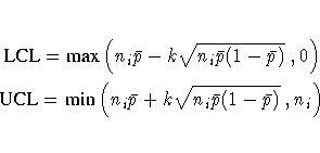 {LCL} = {max}(n_{i}\bar{p} -
k\sqrt{n_{i}\bar{p}(1-\bar{p})}\;, 0 ) \ {UCL} = {min}(n_{i}\bar{p} +
k\sqrt{n_{i}\bar{p}(1-\bar{p})}\;, n_{i} )