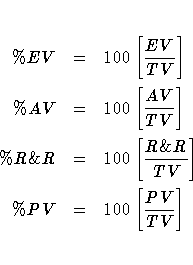 \%EV & = & 100 [\frac{EV}{TV}] \ \%AV & = & 100 [\frac{AV}{TV}] \ \%R\&R & = & 100 [\frac{R\&R}{TV}] \ \%PV & = & 100 [\frac{PV}{TV}]
 