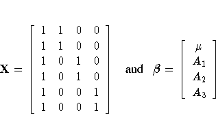 X = [ 1 & 1 & 0 & 0 \ 1 & 1 & 0 & 0 \ 1 & 0 & 1 & 0 \ 1 & 0 & 1 & 0 \ 1 & 0 & 0 & 1 \ 1 & 0 & 0 & 1
 ] 
{ and } 
{\beta}= [ \mu \ A_1 \ A_2 \ A_3
 ]