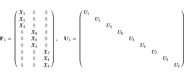 F_1 = \pmatrix{X_1&0&0\cr
X_2&0&0\cr
X_3&0&0\cr
0&X_4&0\cr
0&X_5&0\cr
0&X_6...
...cr
&&&&U_5&&&&\cr
&&&&&U_6&&&\cr
&&&&&&U_7&&\cr
&&&&&&&U_8&\cr
&&&&&&&&U_9}