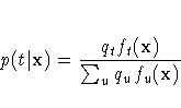 p(t|{x}) = \frac{q_t f_t(x)}{\sum_u q_u f_u(x)} 