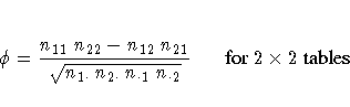 \phi = \frac{n_{11} n_{22} - n_{12} n_{21} }
{\sqrt{n_{1 \cdot} n_{2 \cdot} n_{\cdot 1} n_{\cdot 2}}}
{{\rm for 2 x 2\space tables}}