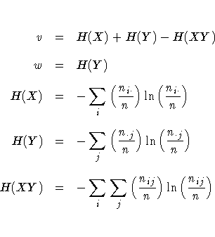 v & = & H(X) + H(Y) - H(XY) \ 
w & = & H(Y) \ 
H(X) & = & -\sum_i ( \frac{n_{i \...
 ...}n ) \ 
H(XY) & = & -\sum_i \sum_j ( \frac{n_{ij}}n ) 
 \ln ( \frac{n_{ij}}n ) \