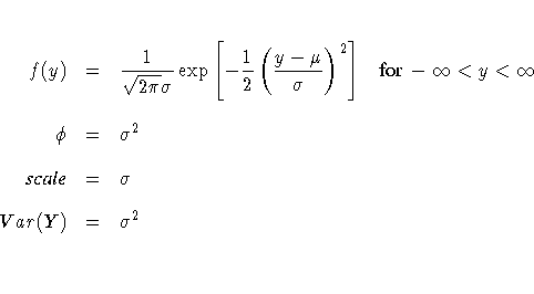 f(y) & = & \frac{1}{\sqrt{2\pi} \sigma}
 \exp [ -\frac{1}2
 ( \frac{y-\mu}{\sigm...
 ...ty \ 
 \phi & = & \sigma^2 \ 
 {scale} & = & \sigma \ 
 Var(Y) & = & \sigma^2 \ 
