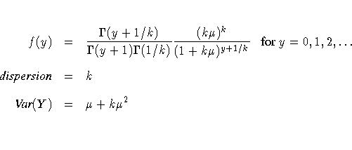 f(y) & = & \frac{\Gamma(y+1/k)}{\Gamma(y+1)\Gamma(1/k)}
 \frac{(k\mu)^k}{(1+k\mu...
 ...or } y = 0,1,2, ...  \ 
 {dispersion} & = & k \ 
 {Var}(Y) & = & \mu + k\mu^2 \ 