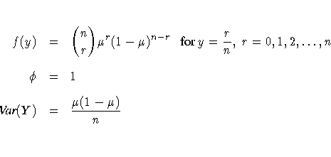 f(y) & = & {n \choose r} \mu^r (1-\mu)^{n-r} 
 {for } y=\frac{r}n,  r=0,1, 2, ... ,n \ 
 \phi & = & 1 \ 
 {Var}(Y) & = & \frac{\mu(1-\mu)}n \ 