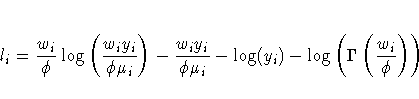 l_i = \frac{w_i}{\phi}
\log ( \frac{w_i y_i}{\phi \mu_i} ) -
\frac{w_i y_i}{\phi \mu_i} - \log(y_i) -
\log ( \Gamma ( \frac{w_i}{\phi}
) )