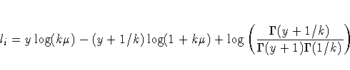 l_i = y\log(k\mu) - (y+1/k)\log(1+k\mu) +
\log(\frac{\Gamma(y+1/k)}
{\Gamma(y+1)\Gamma(1/k)})