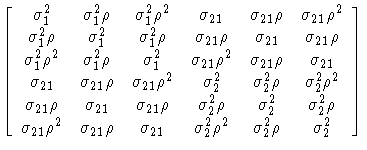  [ \sigma^2_{1} & \sigma^2_{1}\rho & \sigma^2_{1} \rho^2 &
 \sigma_{21} & \sigma...
 ...rho & \sigma_{21} &
 \sigma^2_{2} \rho^2 & \sigma^2_{2} \rho & \sigma^2_{2} \ ]
