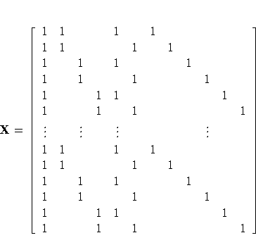 X= [ 1 & 1 & & & 1 & & 1 & & & & & \ 1 & 1 & & & & 1 & & 1 & & & & \ 1 & & 1 & &...
 ... & & 1 & & \ 1 & & & 1 & 1 & & & & & & 1 & \ 1 & & & 1 & & 1 & & & & & & 1 \ ] \