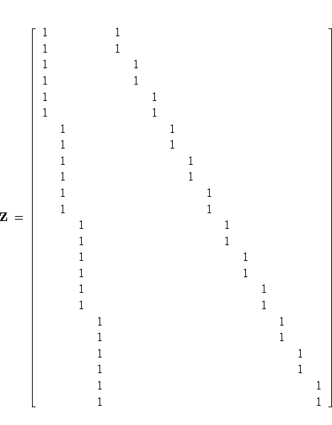 Z\, = [ 1 & & & & 1 & & & & & & & & & & & \ 1 & & & & 1 & & & & & & & & & & & \ ...
 ... & \ & & & 1 & & & & & & & & & & & & 1 \ & & & 1 & & & & & & & & & & & & 1 \ ] \