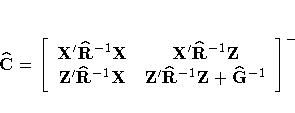 \hat{C} =
 [X'\hat{R}^{-1}X& X'\hat{R}^{-1}Z\*
 Z'\hat{R}^{-1}X& Z'\hat{R}^{-1}Z+ \hat{G}^{-1}
 ]^{-}