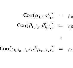 {Corr}(\alpha_{i_1} , \alpha_{i_1}^')
& = & \rho_{\alpha} \
{Corr}(\beta_{i_1 i...
...i_1 i_2 ... i_n r} ,
\epsilon_{i_1 i_2 ... i_n r}^')
& = & \rho_{\epsilon} \