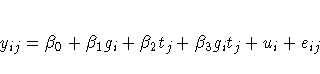 y_{ij} = \beta_0 + \beta_1 g_i + \beta_2 t_j + \beta_3 g_i t_j +
u_i + e_{ij}