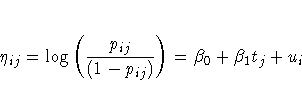 \eta_{ij} = \log ( \frac{p_{ij}}{(1 - p_{ij})} ) =
\beta_0 + \beta_1 t_j + u_i