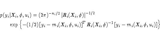 eqn{ p(y_i | X_i, \phi, u_i) = 
 (2 \pi)^{-n_i/2} | R_i(X_i,\phi) | ^{-1/2} } \ ...
 ..._i - m_i(X_i,\phi,u_i) ]^T R_i(X_i,\phi)^{-1} 
 [ y_i - m_i(X_i,\phi,u_i) ] \}
 