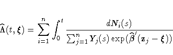 \hat{\Lambda}(t,{\xi}) = \sum_{i=1}^n\int_{0}^t
\frac{dN_{i}(s)}{\sum_{j=1}^nY_{j}(s)\exp(\hat{{\beta}}'(z_{j} - {\xi}))}