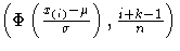 (\Phi(\frac{x_{(i)}-\mu}{\sigma}),
\frac{i+k-1}n)