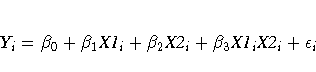 Y_i = \beta_0 + \beta_1 {X1}_i +
\beta_2 {X2}_i +
\beta_3 {X1}_i {X2}_i + \epsilon_i
