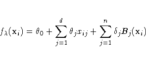 f_\lambda({x}_i)=\theta_0+\sum_{j=1}^d \theta_j
x_{ij}+\sum_{j=1}^n \delta_j B_j({x}_i)
