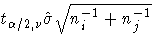 t_{\alpha/2,\nu} \hat{\sigma}
\sqrt{ n_i^{-1} + n_j^{-1}}