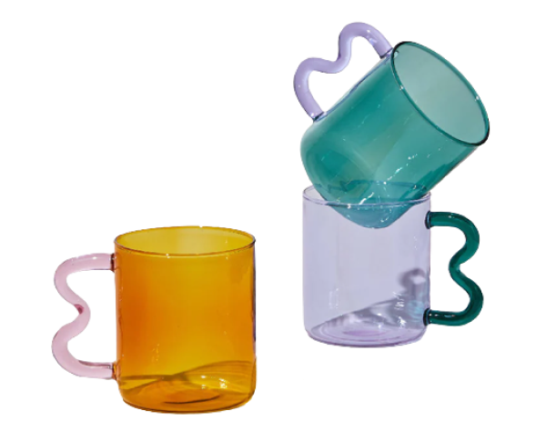 a set of three colorful mugs