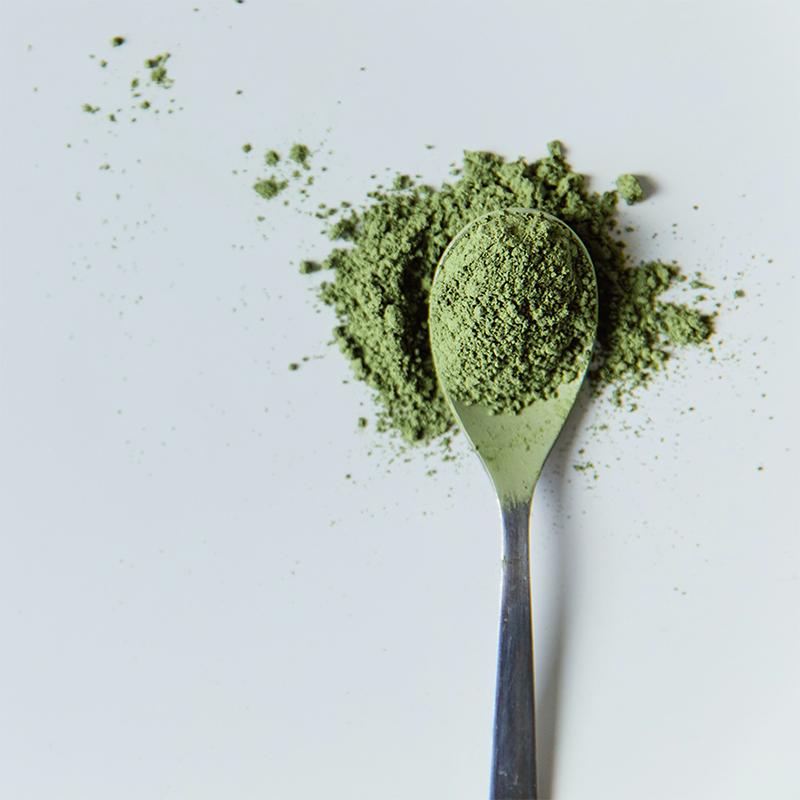 A spoonful of matcha powder on a white background