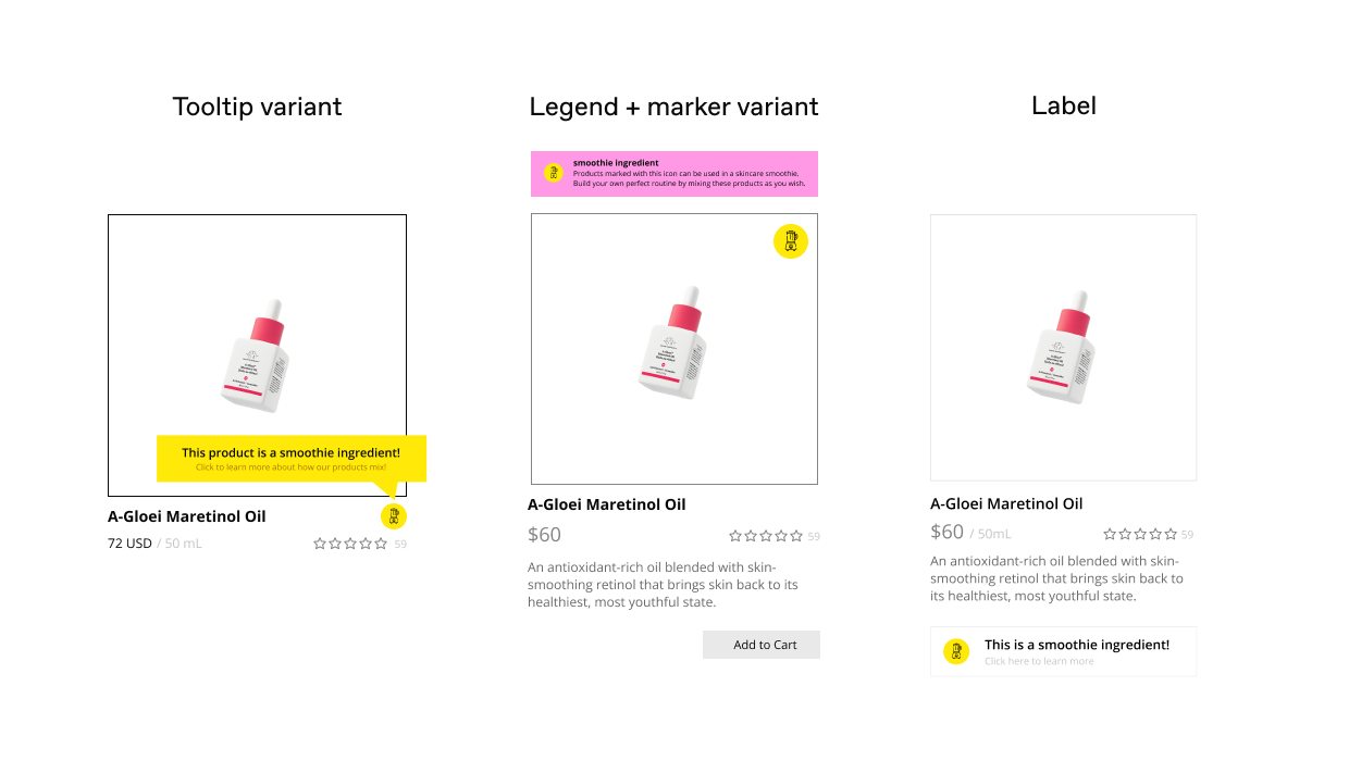 three variants of the product listing page interaction