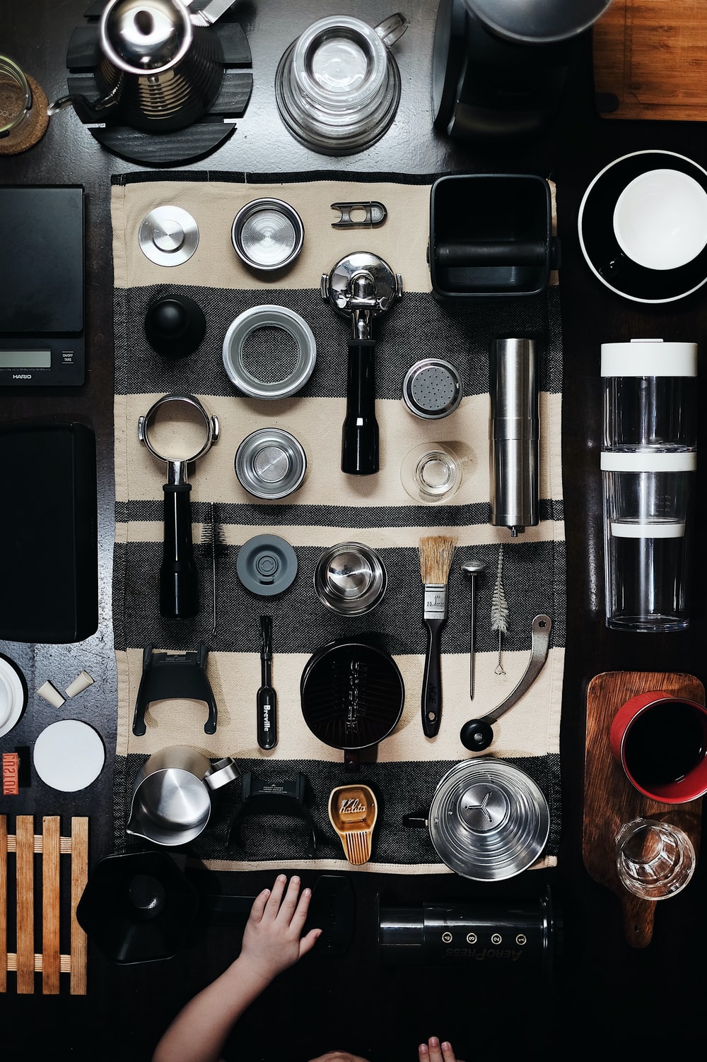 Table with many coffee tools