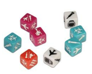 8 colored dice with medical and transportation symbols on each side